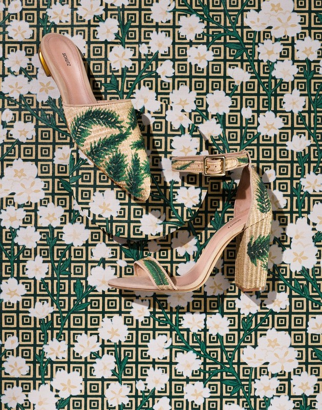 Fashionable women's sandals and mules with woven textures, floral pattern backdrop, and elegant design elements in a well-lit scene.