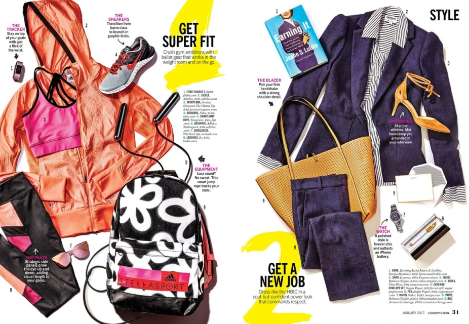 Fitness and fashion editorial shot featuring athletic wear, a business outfit, and accessories arranged on a white surface.
