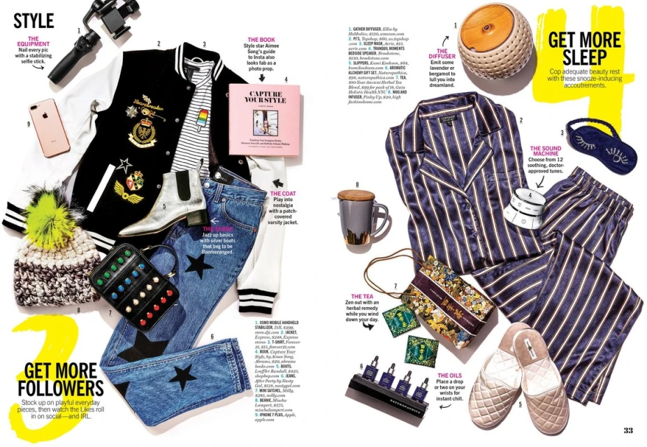 Flat lay still life with fashion, beauty, and sleep products arranged on white backdrop for a lifestyle editorial.