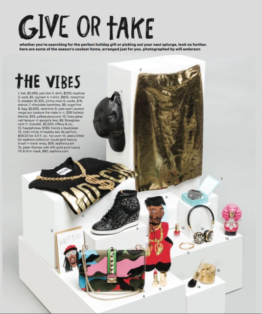 Arrangement of various fashion and beauty items on white platforms, including a hat, skirt, shirt, card, sneakers, and accessories.