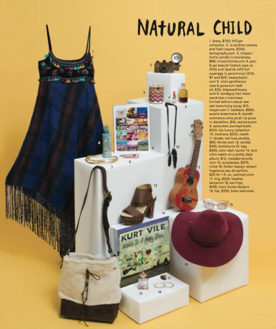 Still life photography featuring a dress, camera, candle, and other fashion and cosmetic items arranged on white pedestals against a yellow backdrop.