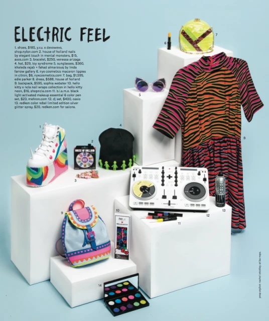 Still life of fashion and cosmetic objects arranged on white pedestals, including a sneaker, sunglasses, and makeup palette.