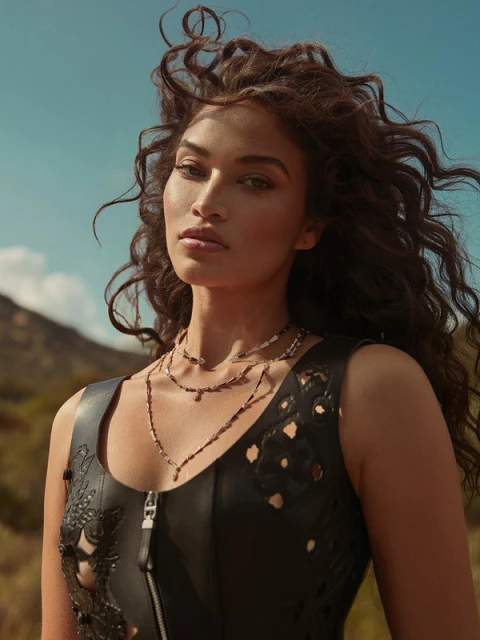 Portrait of a woman with long curly hair wearing a black leather vest and beaded necklaces against an outdoor backdrop of blue sky and hills.