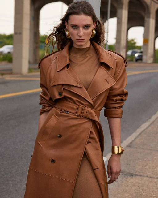 Fashion shot of a female model wearing a brown leather trench coat, gold jewelry, and standing on a street with a bridge in the background.