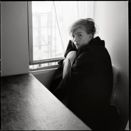 Black and white portrait of a woman with tousled hair seated by a window, wearing a dark coat.