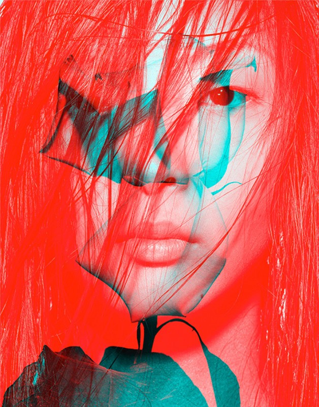Portrait of a person with long red hair, styled with teal and red color grading, creating an artistic and modern aesthetic.