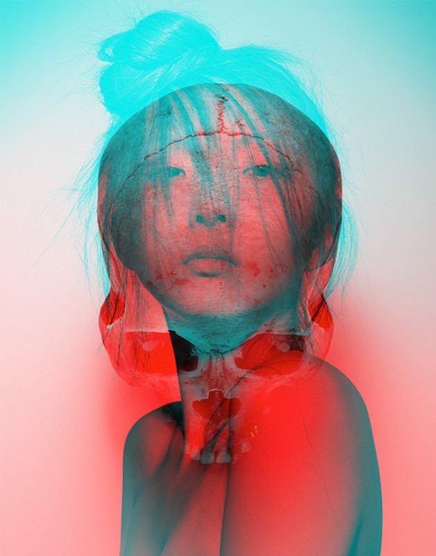 Asian child with cracked, layered textures in an artistic portrait with red and blue color grading, creating a surreal, textured visual.