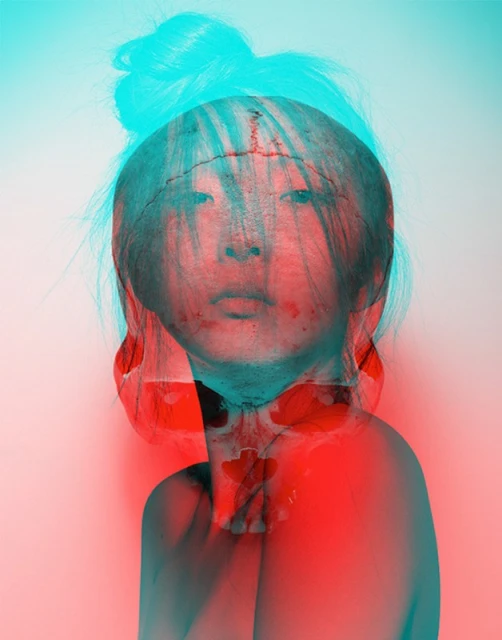 Asian child with cracked, layered textures in an artistic portrait with red and blue color grading, creating a surreal, textured visual.