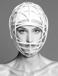 Close-up portrait of a woman wearing an intricate white geometric headpiece and cap against a seamless grey background.