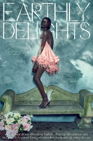Fashion editorial featuring an African woman in pink dress, posing on a stone bench with flower bouquet against a textured wall.