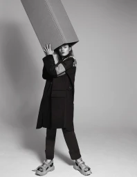 Model wearing a dark coat and chunky sandals holding up a large rectangular box with hands over head against a grey seamless background