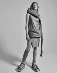 Model in avant-garde draped dress and chunky strap sandals standing against a plain light grey backdrop.