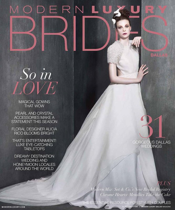 Modern Luxury Brides magazine cover featuring a woman in a white wedding dress with textured grey background and pink text overlay.