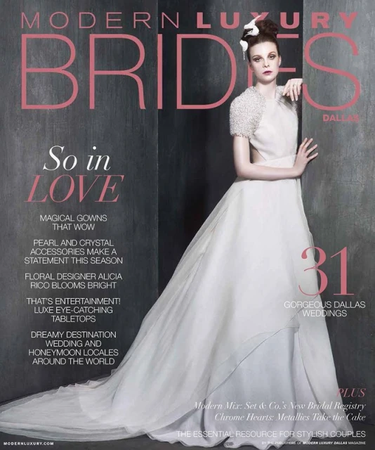 Modern Luxury Brides magazine cover featuring a woman in a white wedding dress with textured grey background and pink text overlay.