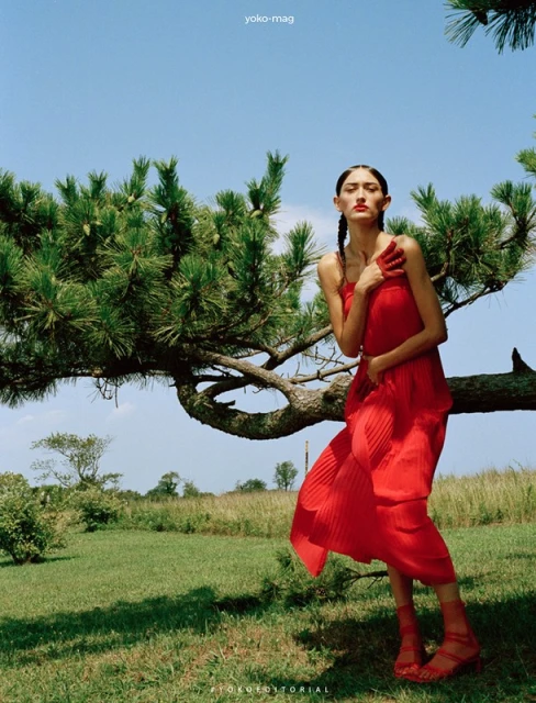 Elegant woman in red dress posing near evergreen tree in natural light. Summer fashion editorial shot in green field setting.