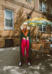 Model with voluminous blonde hair wearing a green top, pink pants, and straw hat outside a brick building