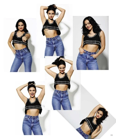 Collage of portrait photos featuring a woman wearing a black crop top and blue denim jeans against a white background.