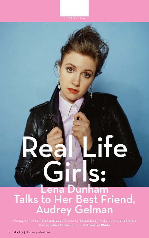 Portrait of Lena Dunham wearing a leather jacket and button-down shirt against a blue background with pink graphic elements and magazine text.