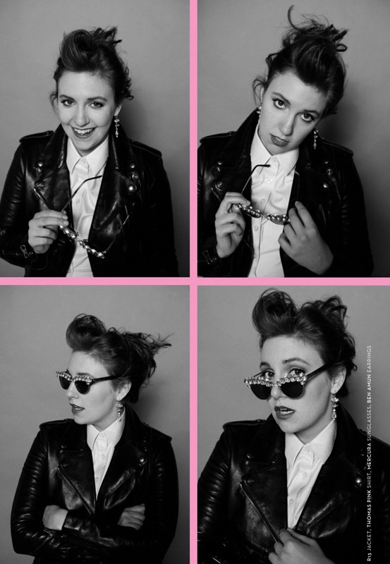 Black and white collage of a woman wearing a leather jacket and sunglasses, against a light grey backdrop with a pink border.