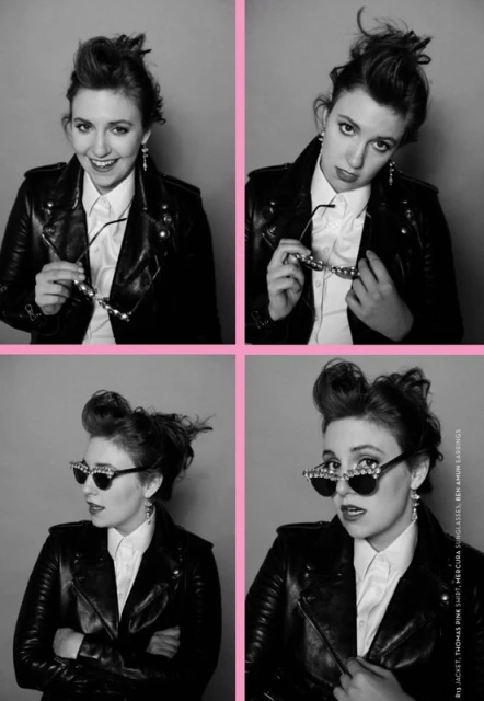 Black and white collage of a woman wearing a leather jacket and sunglasses, against a light grey backdrop with a pink border.
