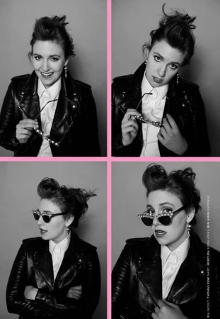 Black and white collage of a woman wearing a leather jacket and sunglasses, against a light grey backdrop with a pink border.
