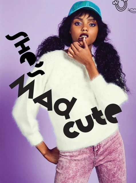 Woman with curly pigtails, wearing a fuzzy white sweater and pink jeans, posing against a light purple background with bold text.