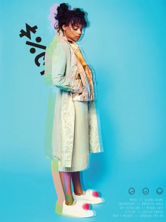 Full shot of a Black woman in a pastel jacket and skirt, wearing white platform shoes in a blue studio with graphical elements.