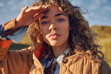 Woman with curly blonde hair wearing a quilted brown jacket shading her eyes outdoors in sunlight