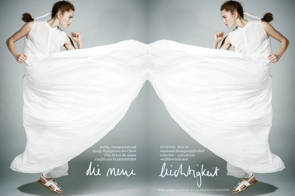 Fashion shot of two young women with flowing white dresses and sandals. The models are mirror images against a gradient grey background.