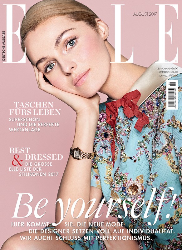 Elle magazine cover featuring a woman with blonde hair, light blue eyes, wearing a jeweled dress. The magazine's text includes 'Be yourself'.