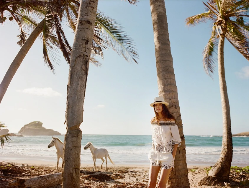 Woman in white outfit poses by palm tree on a tropical beach with horses, featuring clear sky, ocean, and a small island in the distance.
