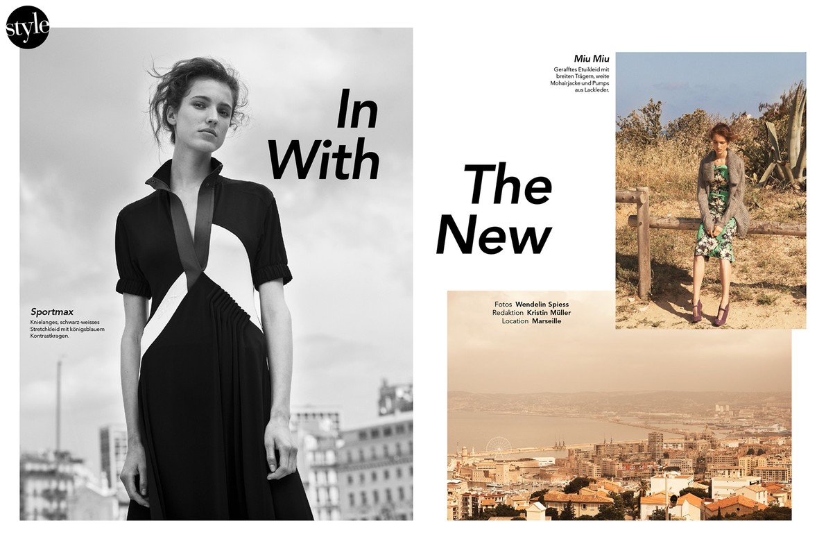 Fashion editorial with a woman wearing a black and white dress against a cityscape backdrop, plus a woman sitting on a fence.