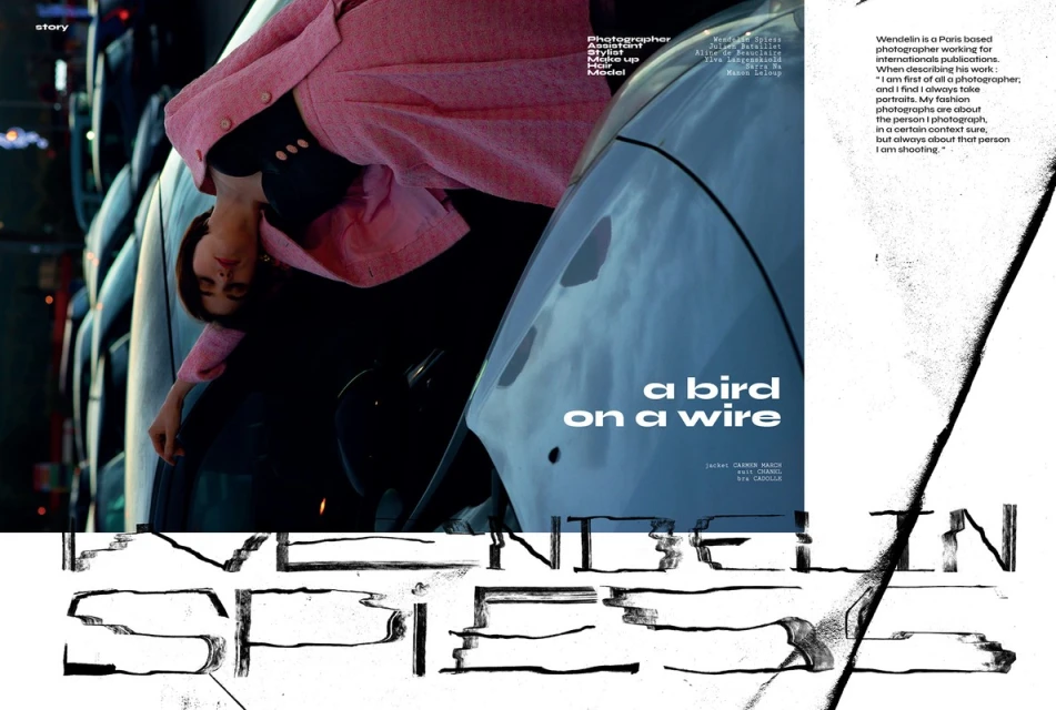 Fashion editorial photo of a woman in a pink coat leaning on a car in a garage, with large stylized title text overlay.