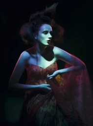 A woman in a strapless dress with dramatic neon blue and purple lighting and voluminous dark hair against a dark background.