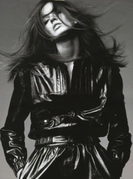 Monochrome portrait of a woman in a glossy black leather jacket with long hair whipping in motion against a plain grey studio backdrop.