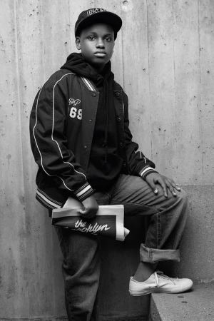 Black boy in a cap and varsity jacket holding a folded newspaper against a textured concrete wall