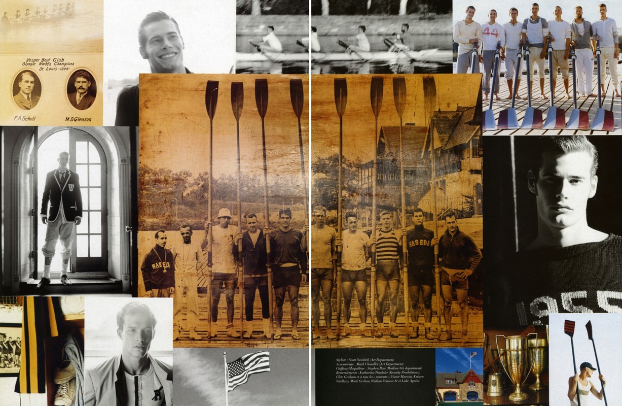 Collage of historical rowing images: vintage photos of rowing teams, portraits of rowers, trophy, and American flag, in sepia and black and white tones.