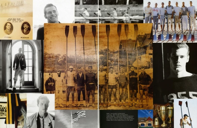 Collage of historical rowing images: vintage photos of rowing teams, portraits of rowers, trophy, and American flag, in sepia and black and white tones.
