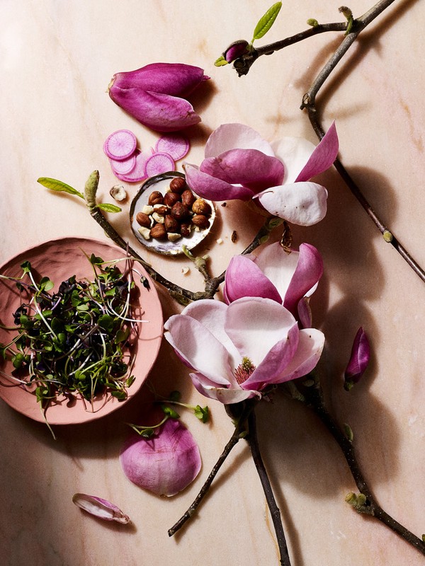 Overhead shot of pink and white magnolia blooms, sprouts, nuts, and sliced vegetables arranged on a beige marble surface.