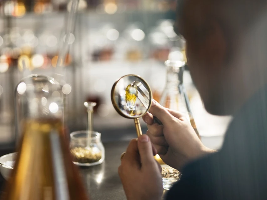 An adult examines organic material with a magnifying glass surrounded by lab glassware and golden light in a laboratory.