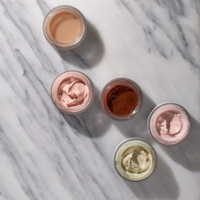 Five jars of facial cream in various shades of pink, brown, and green arranged on a white marble surface with natural lighting.