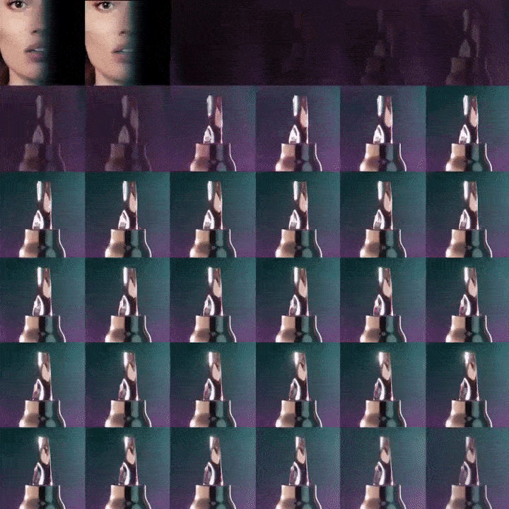 Creative image featuring a partially visible woman's face alongside multiple mirrored images of a metal drill bit in a grid format.