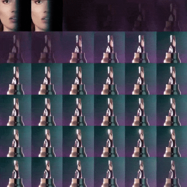 Creative image featuring a partially visible woman's face alongside multiple mirrored images of a metal drill bit in a grid format.