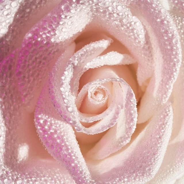 Close-up of a white rose with a swirl pattern and water droplets, captured with soft lighting and a shallow depth of field.