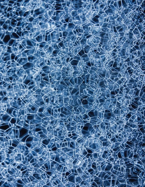 Close-up abstract image of a blue, geometric foam material with repeating hexagonal and pentagonal shapes, creating a cellular texture.