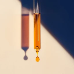 Glass dropper holding amber liquid with a single hanging droplet casting a sharp shadow on a split white and blue background.