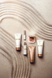 Collection of La Mer beauty products arranged on textured sand with raked wave patterns