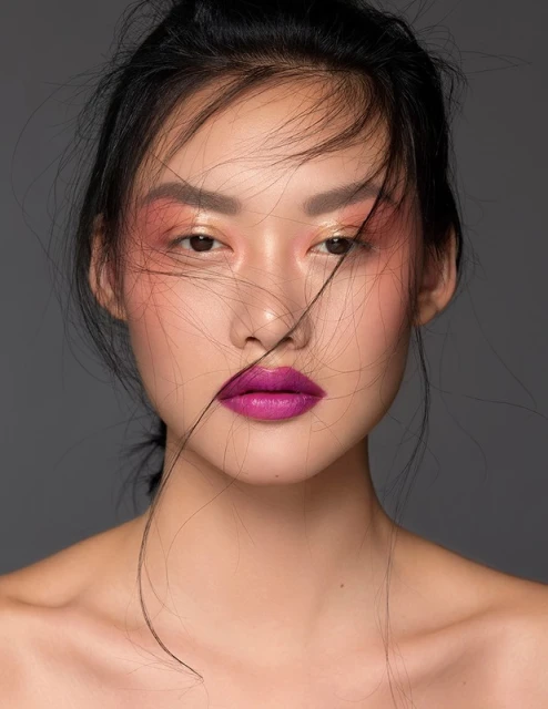 Close-up portrait of a young Asian woman with colorful makeup and loose hair, set against a dark grey background in a beauty shot.