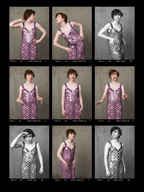 Young woman in sequin dress shown in a contact sheet with multiple poses against a mottled grey background in a fashion photography setting.