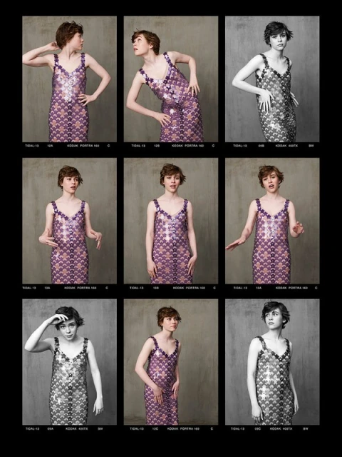 Young woman in sequin dress shown in a contact sheet with multiple poses against a mottled grey background in a fashion photography setting.